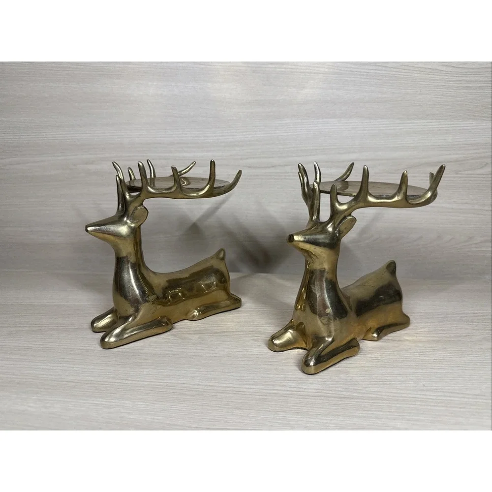 Vintage Brass Reindeer Column Pillar Candle Holders Set 2 Beautiful Heavy Glossy